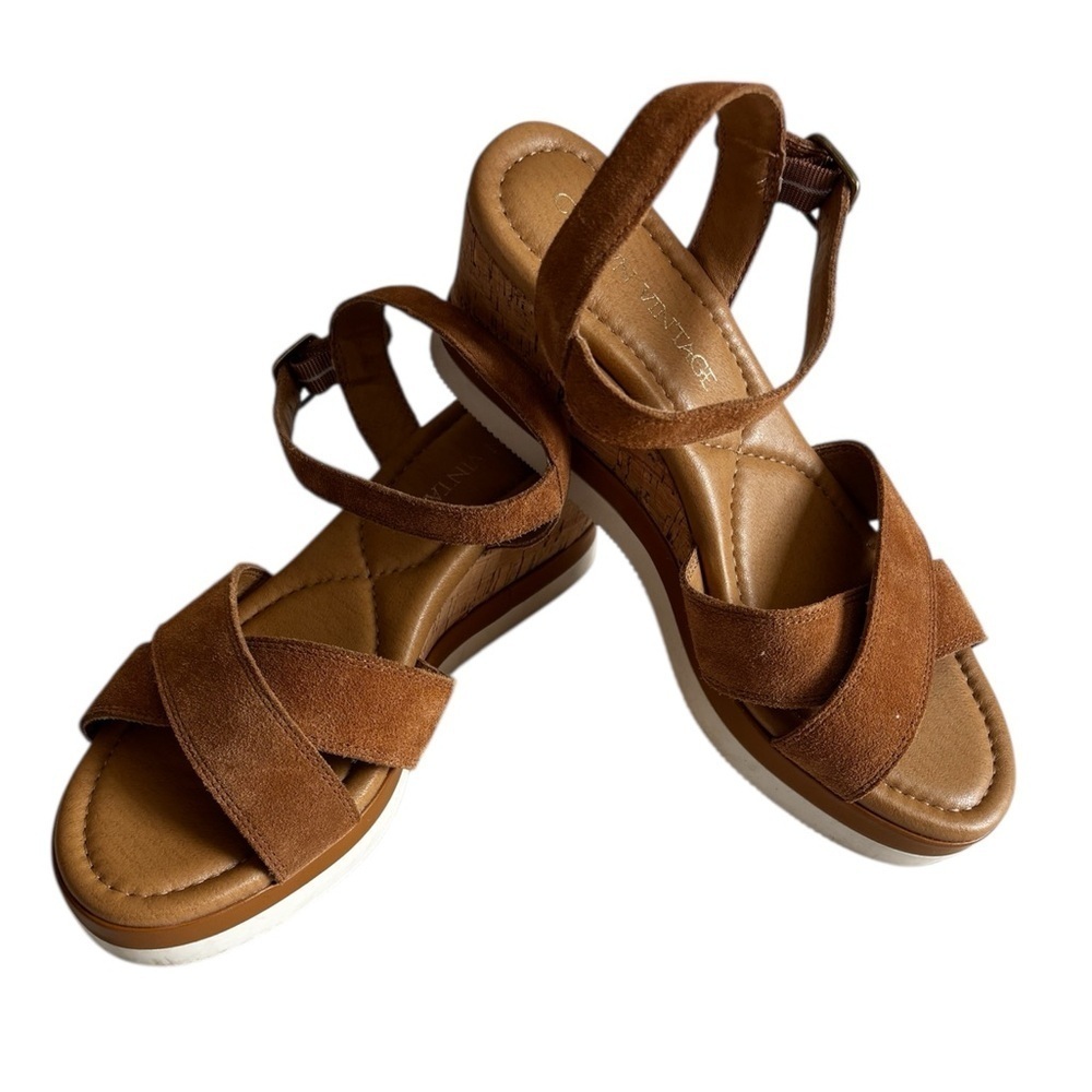 Crown Vintage Sandals Tan Brown Suede Cork Size 8.5